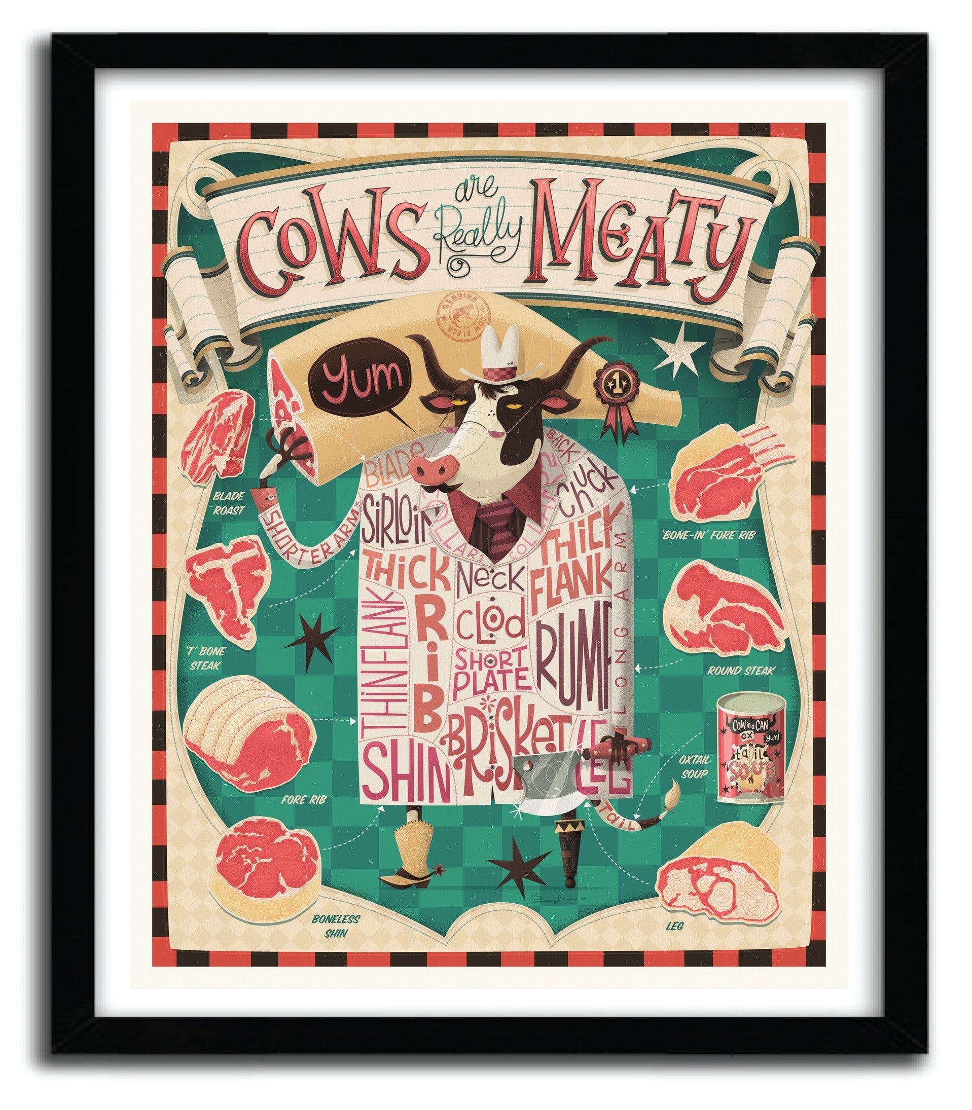 Art print titled 'Cows are REALLY Meaty!' by Steve Simpson, featuring vibrant colors and unique design on fine arts paper.