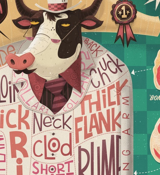 Art print titled 'Cows are REALLY Meaty!' by Steve Simpson, featuring vibrant colors and unique design on fine arts paper.