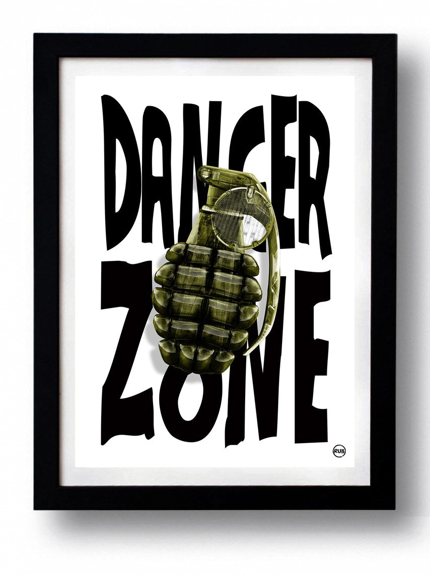 Affiche DANGER ZONE par Rubiant, imprimée sur papier fine arts, avec des couleurs éclatantes et un design captivant.