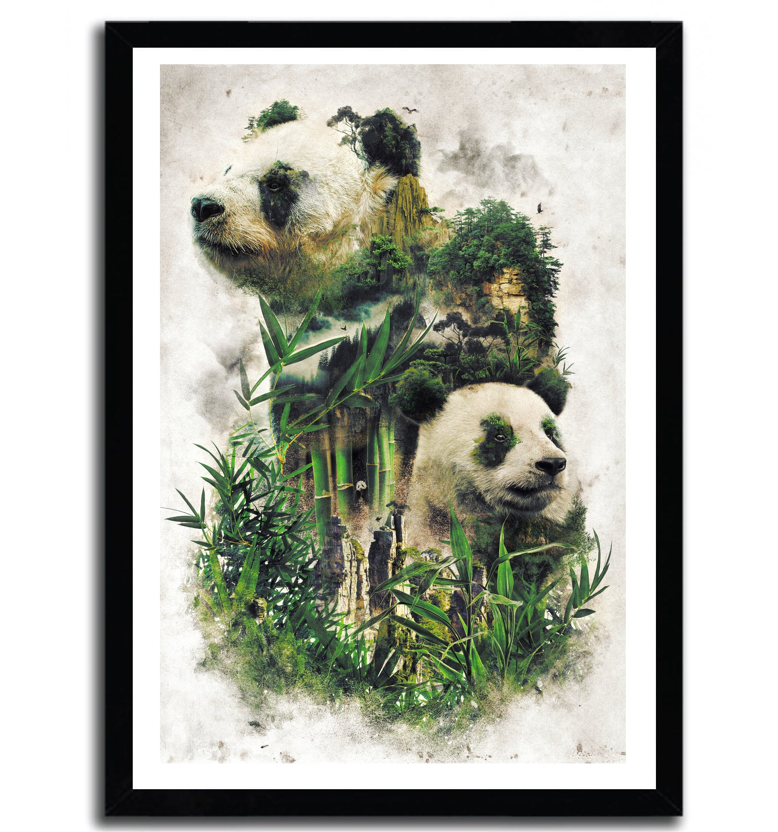 Affiche géante panda par Barrett Biggers, imprimée sur papier fine arts, avec des couleurs vives et un certificat d'authenticité.