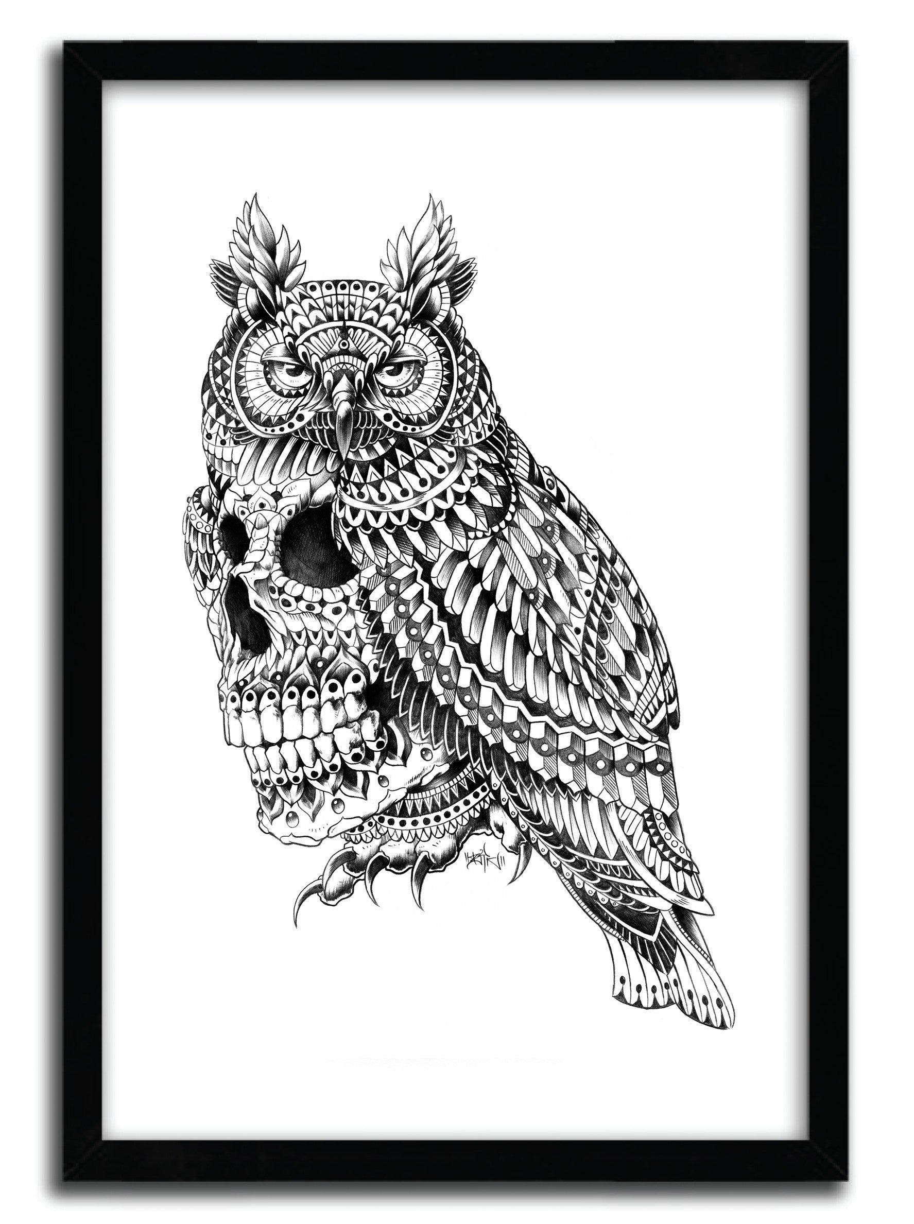 GREAT HORNED SKULL art print by BIOWORKZ on fine arts paper, showcasing intricate details and vibrant colors.