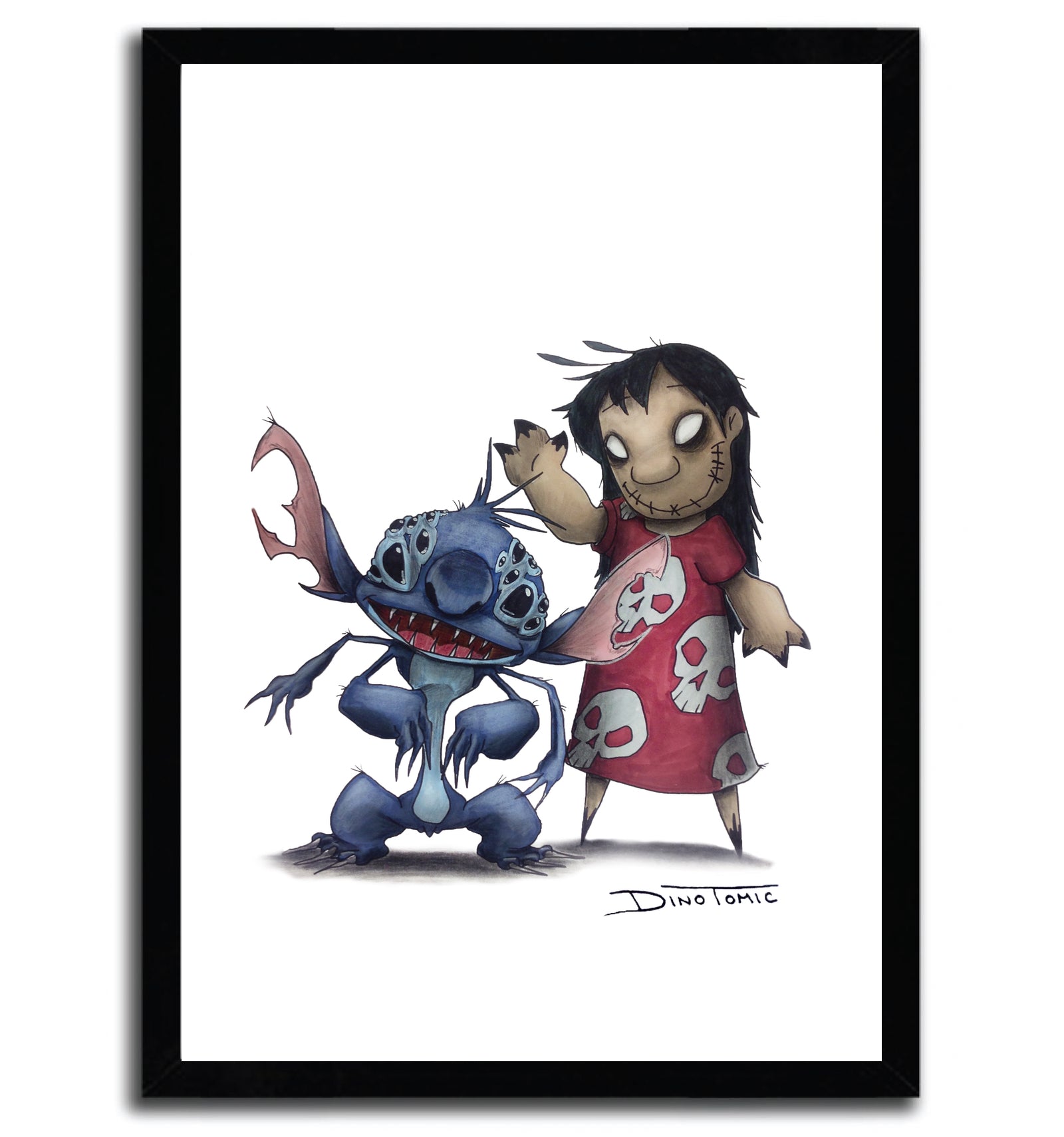 Limited edition art print of Lilo & Stitch Creepyfied by DinoTomic, showcasing vibrant colors and intricate details on fine arts paper.