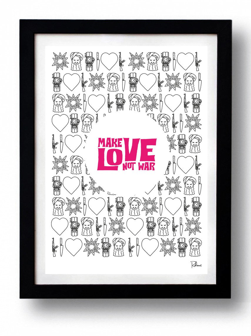 Affiche MAKE LOVE NOT WAR par Rubiant, imprimée sur papier fine arts, avec des couleurs vives et un design inspirant.