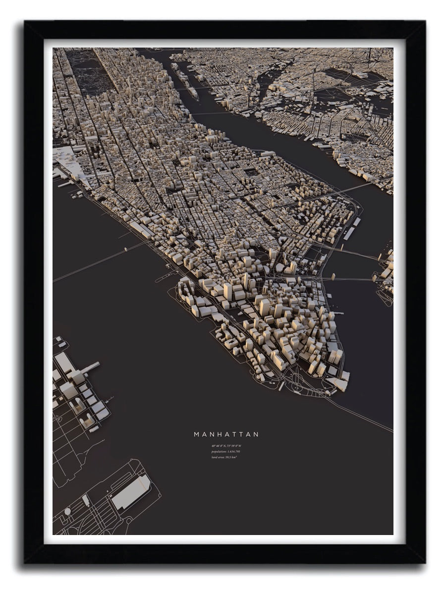 Affiche Manhattan par Luis Dilger, imprimée sur papier fine arts, avec des couleurs vives et un design moderne.