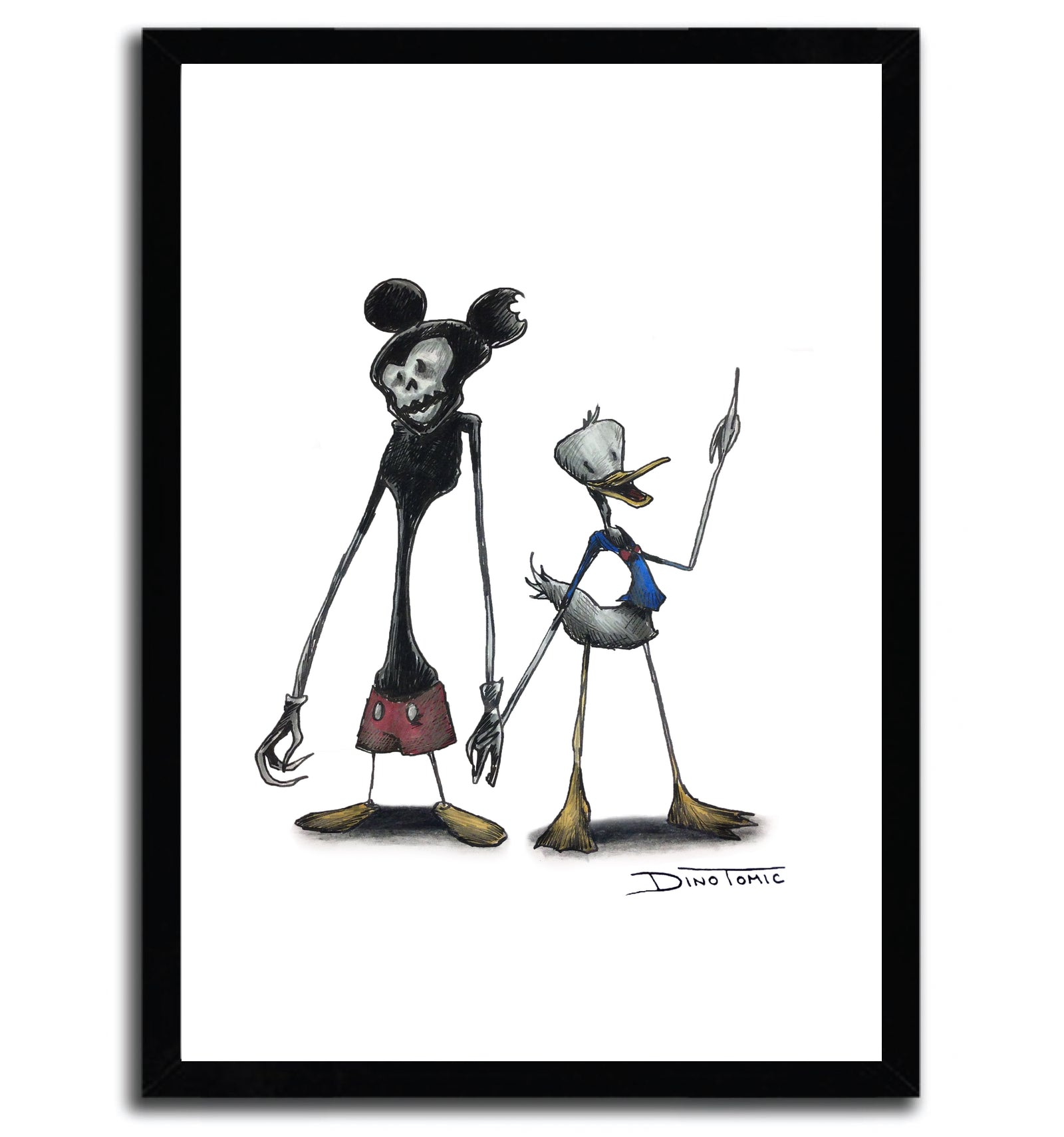 Art print featuring Mickey Mouse and Donald Duck in a creepy style by DinoTomic, printed on fine arts paper.