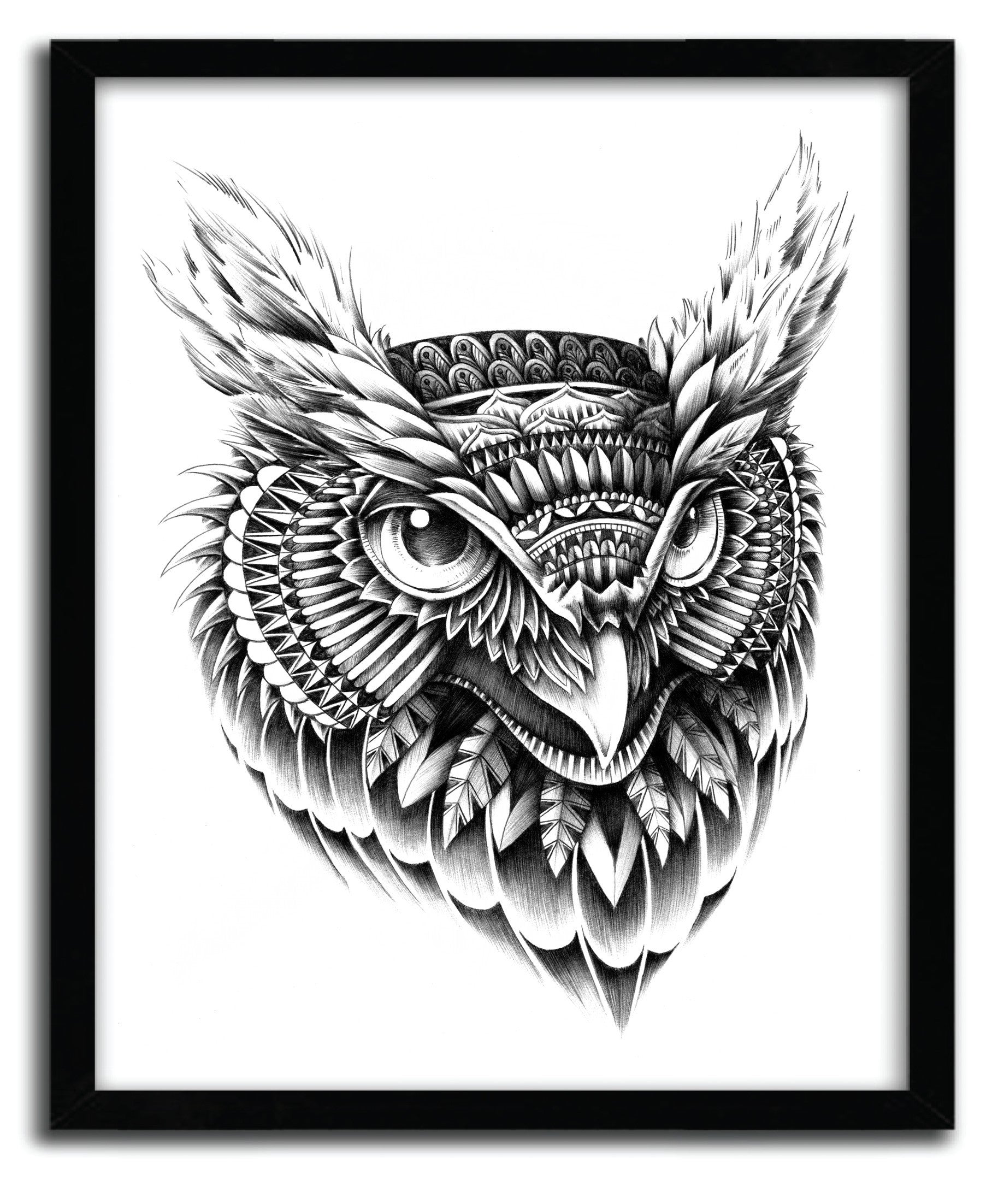 Ornate Owl Head print by Bioworkz on fine arts paper, showcasing intricate details and vibrant colors.