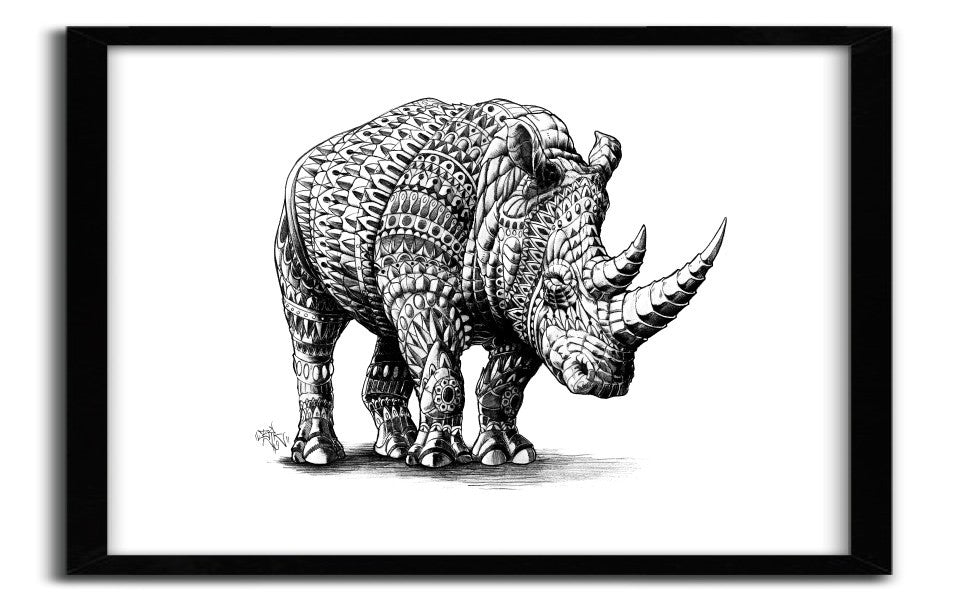 Affiche RHINOCEROS BY BIOWORKZ, a limited edition art print on fine arts paper, showcasing vibrant colors and intricate details.