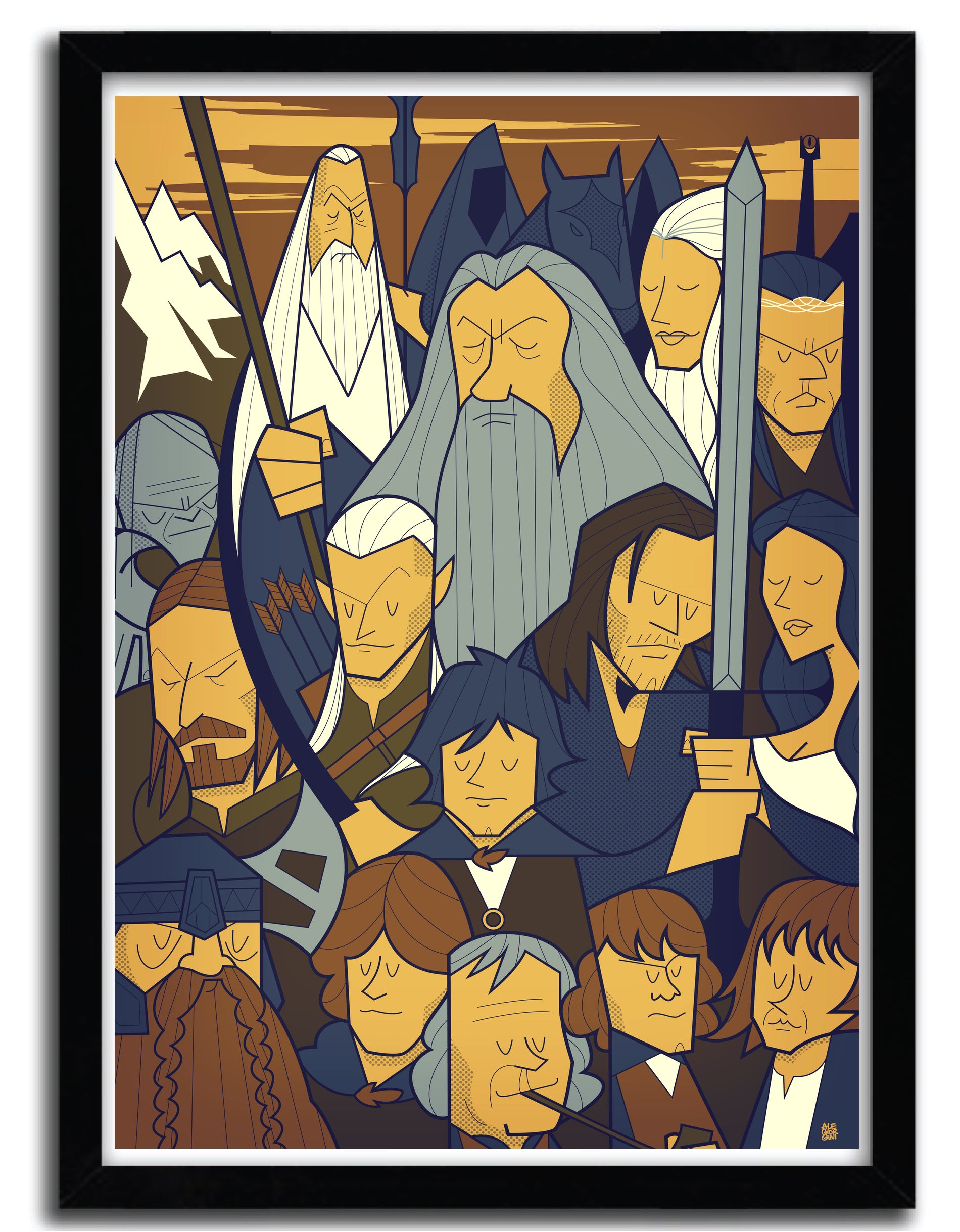 Affiche artistique Seigneur des Anneaux par Ale Giorgini, imprimée sur papier fine arts avec des encres d’archives, numérotée et signée.