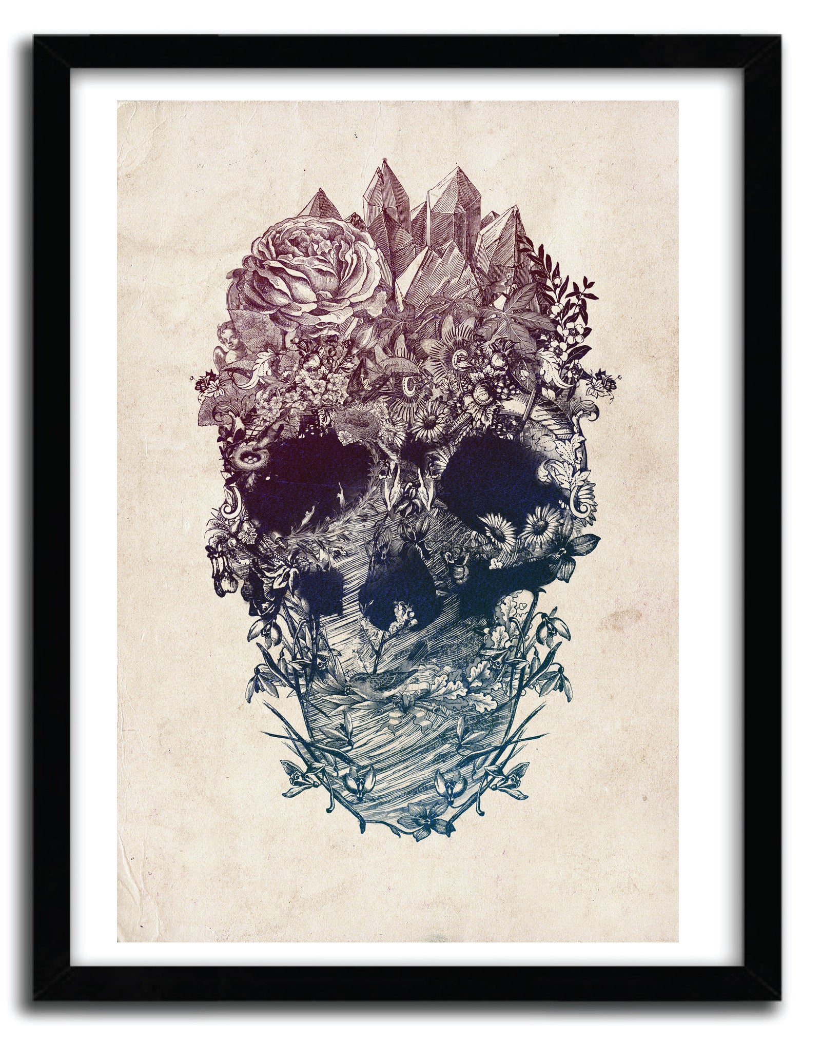 Affiche skull floral 3 by ALI GULEC, featuring a skull surrounded by intricate floral designs, printed on fine arts paper.