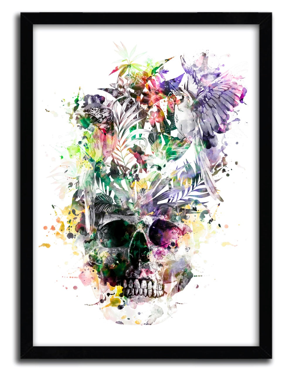 Affiche Skull Parrots par Riza Peker, imprimée sur papier fine arts avec des couleurs vives et un design unique.