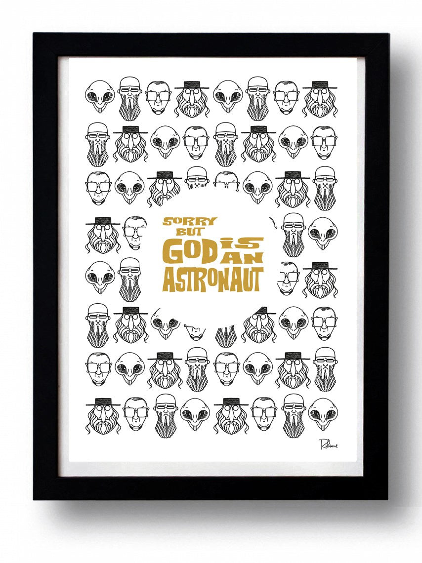 Art print titled 'SORRY GOD IS AN ASTRONAUT' by Rubiant, showcasing vibrant colors on fine art paper.