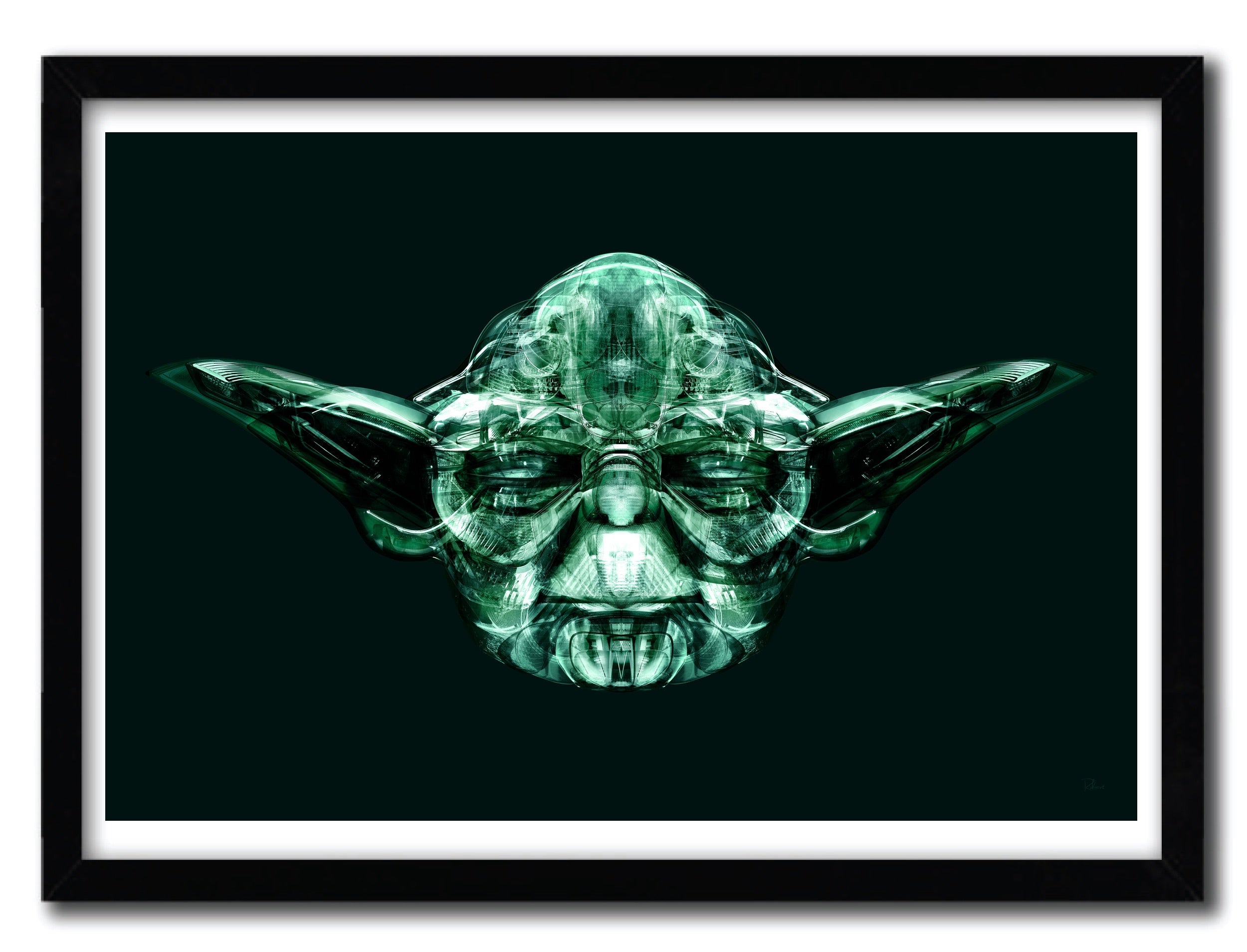 Green holographic Yoda head illustration.