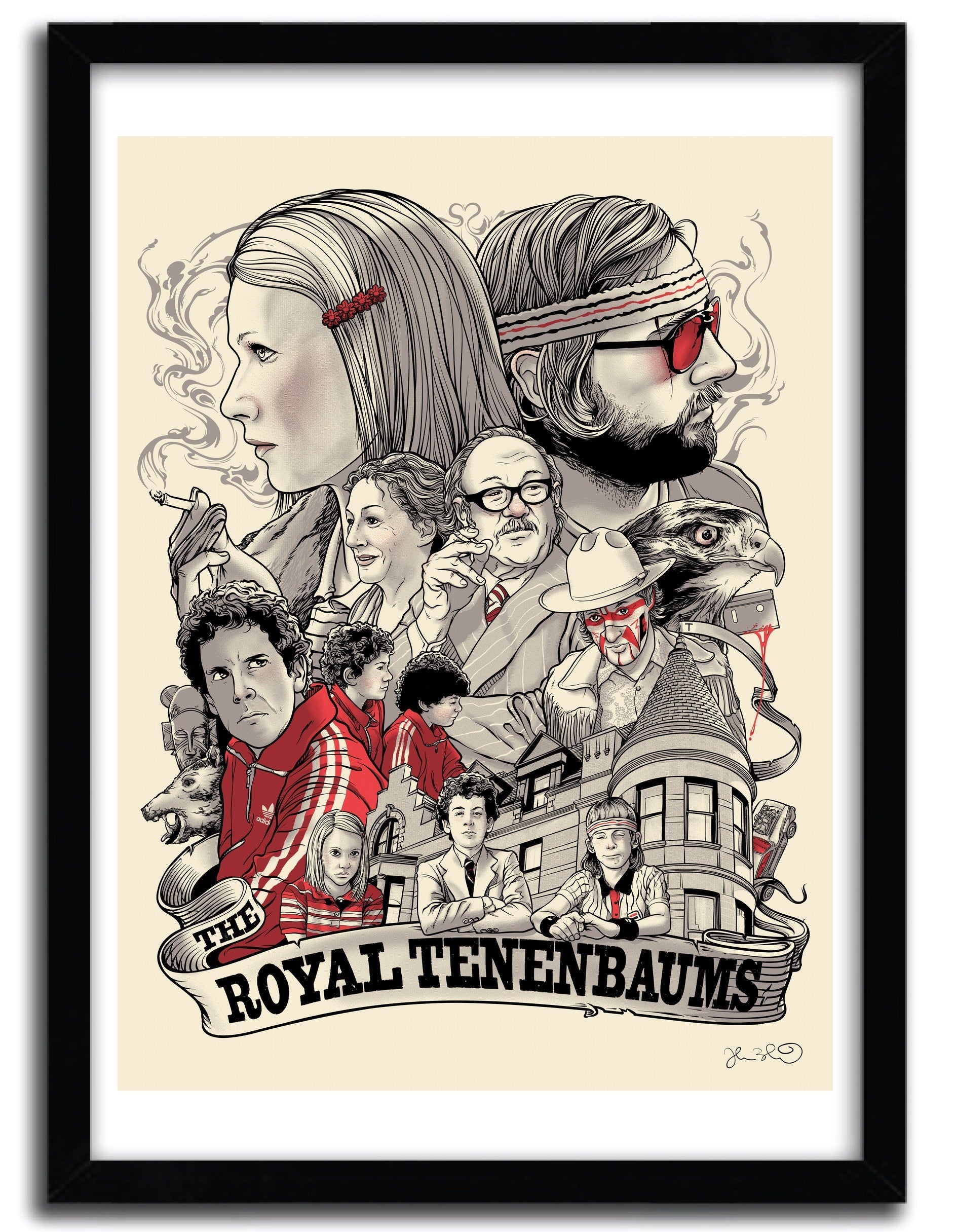 Affiche The Royals Tenenbaums par Joshua Budich, imprimée sur papier fine arts, avec des couleurs vives et un design captivant.