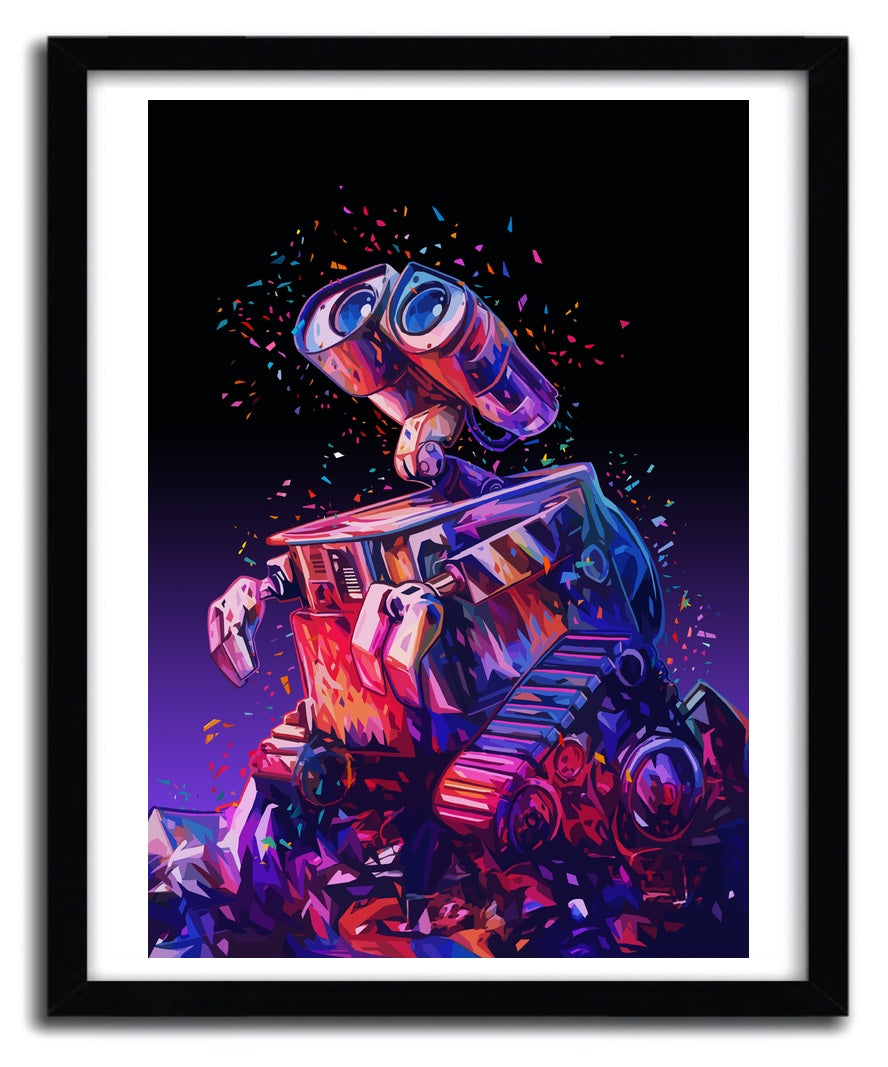 Affiche WALL E par Alessandro Pautasso, imprimée sur papier fine arts, avec des couleurs vibrantes et un design captivant.