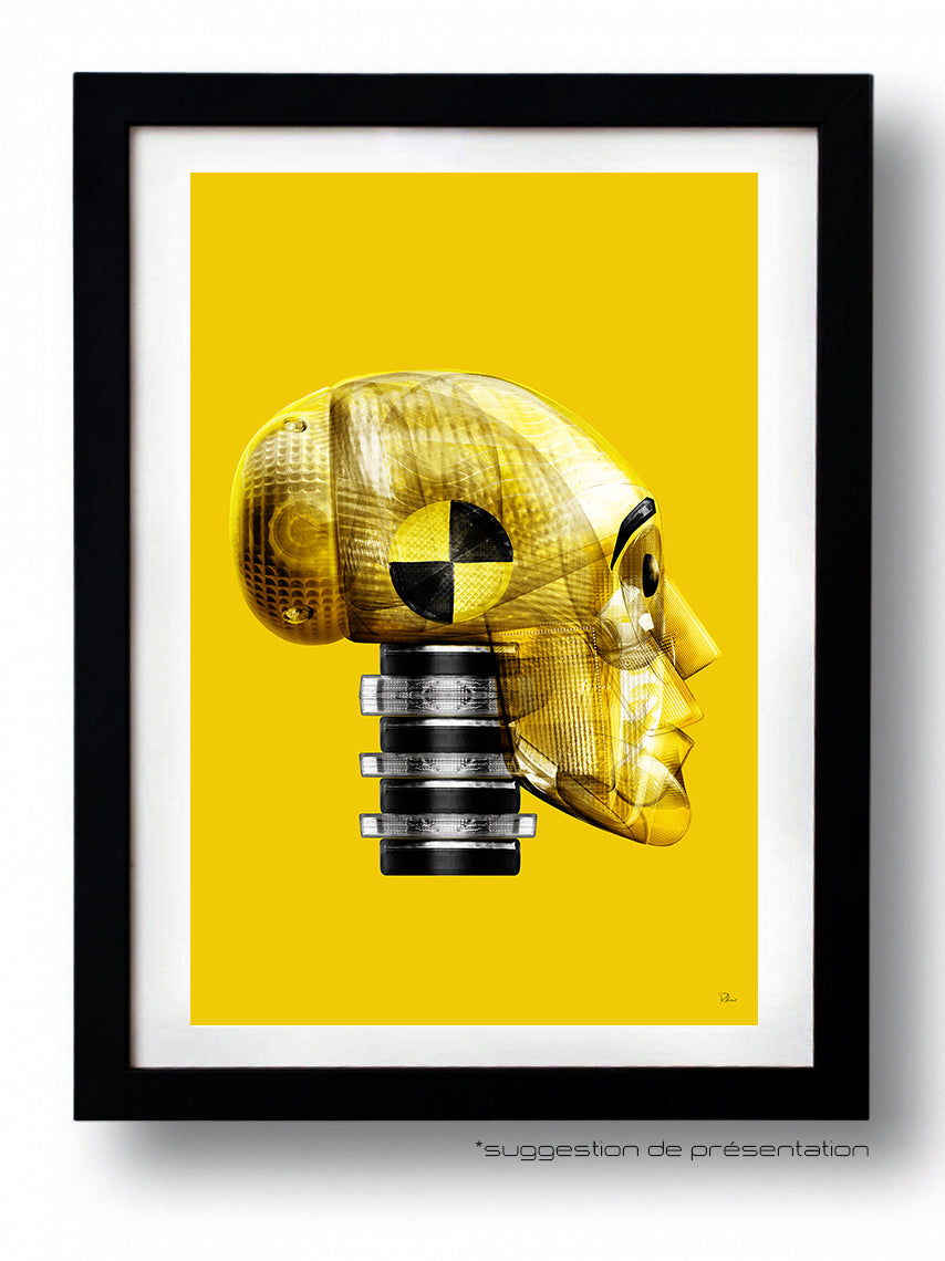 Framed crash test dummy artwork.