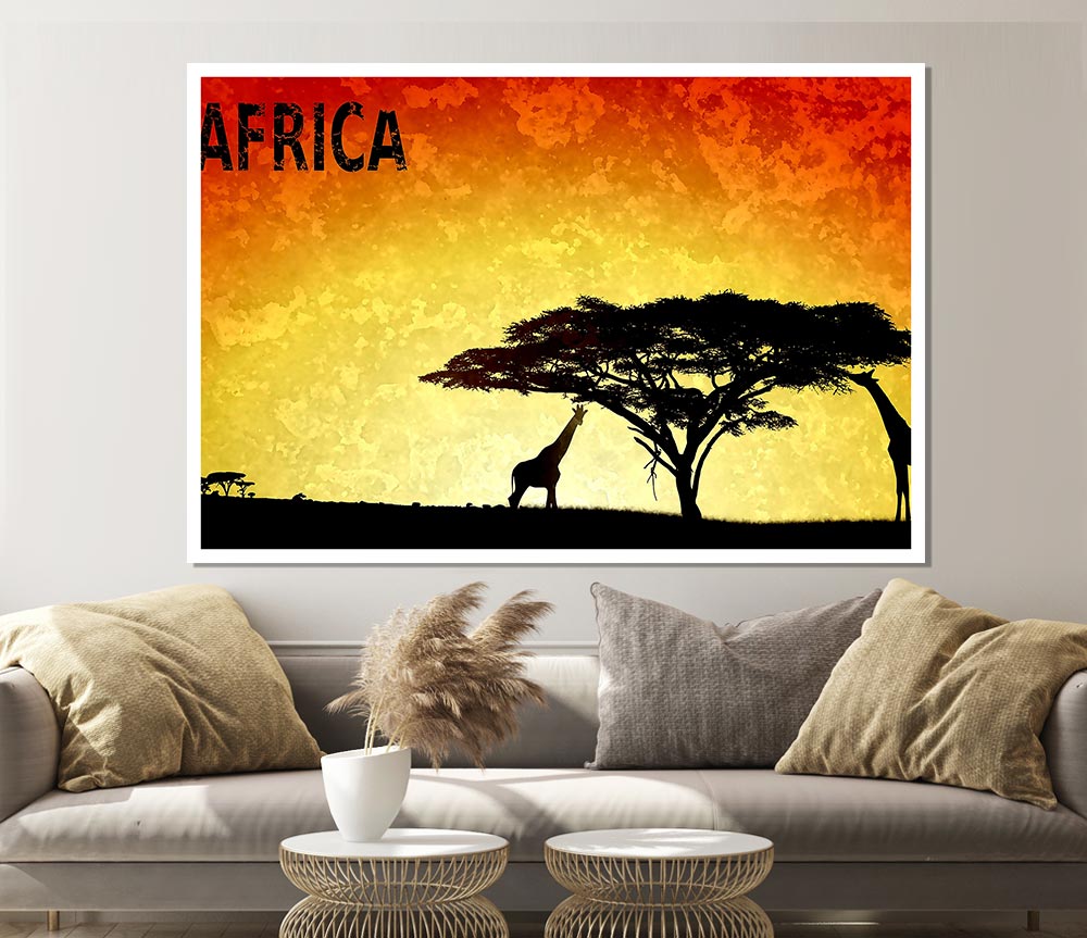 A vibrant canvas poster featuring the diverse landscapes and cultures of Africa, ready for display or framing.