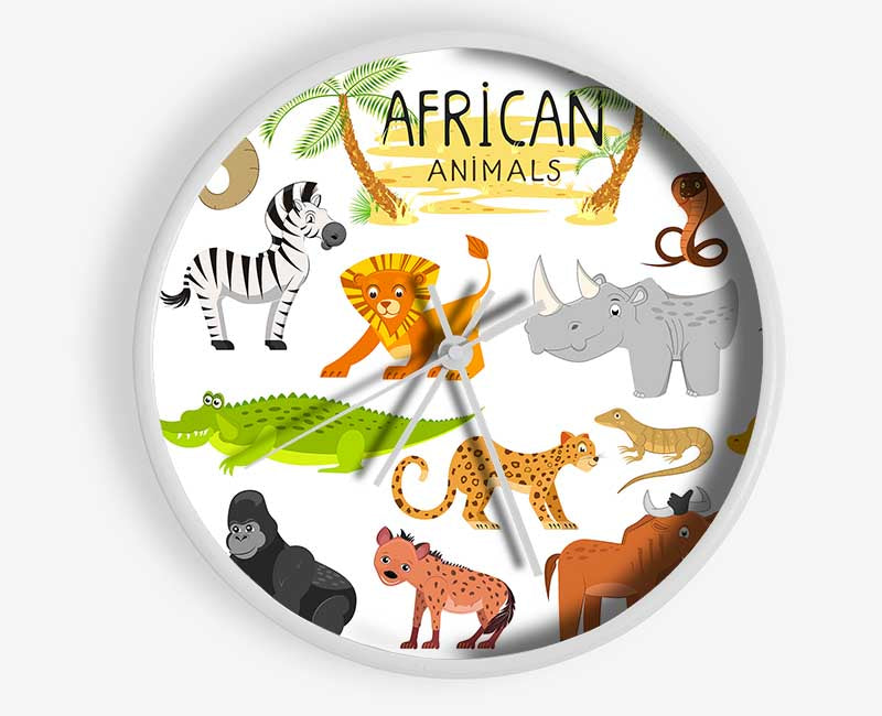 A colorful African animals cartoon clock made from natural bamboo, featuring a round face and vibrant animal designs.