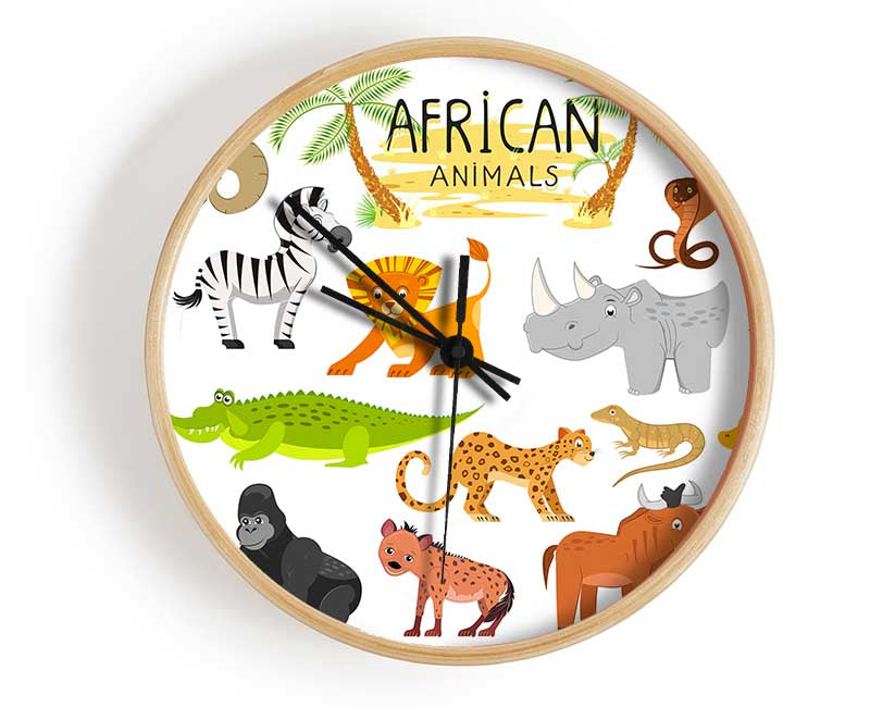 A colorful African animals cartoon clock made from natural bamboo, featuring a round face and vibrant animal designs.