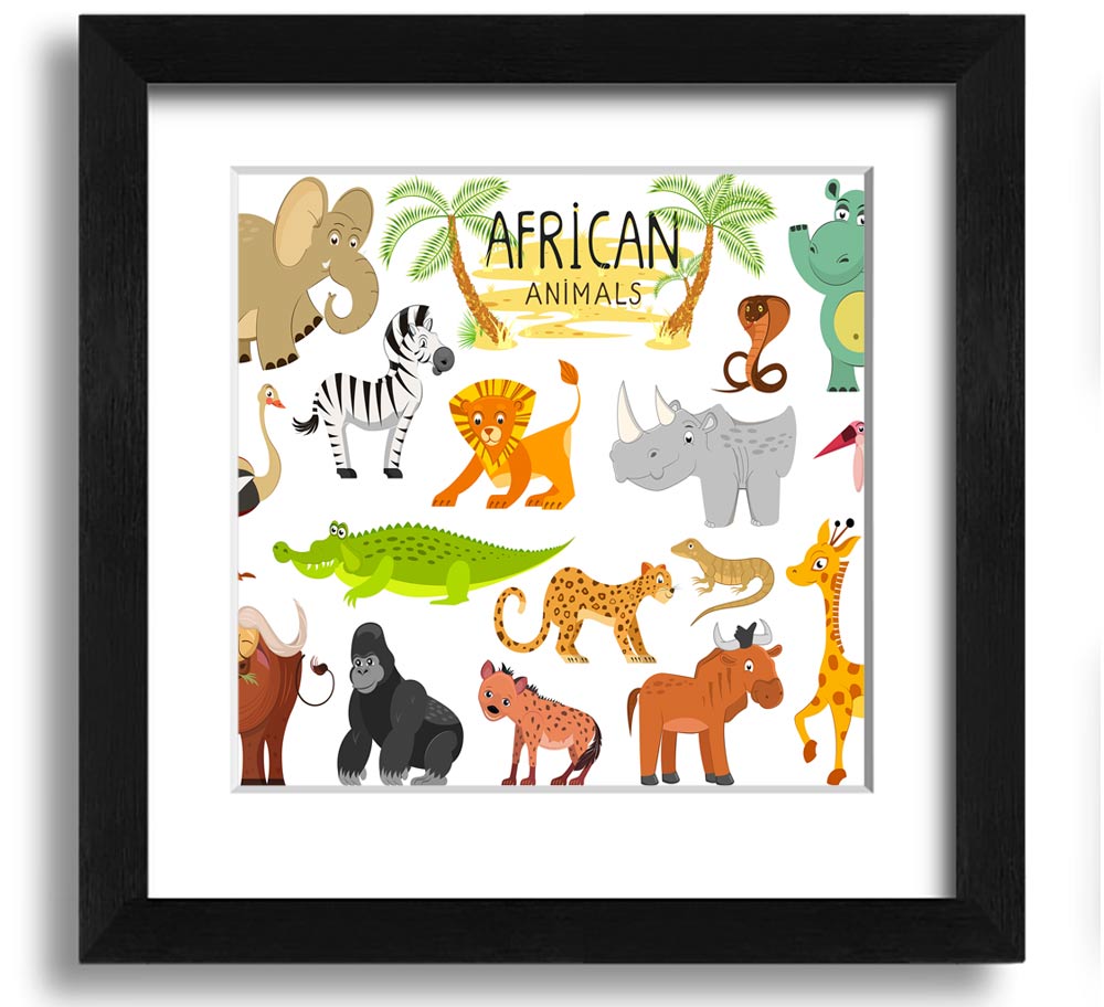 Colorful cartoon illustrations of African animals in a square framed print, showcasing vibrant designs suitable for children's decor.