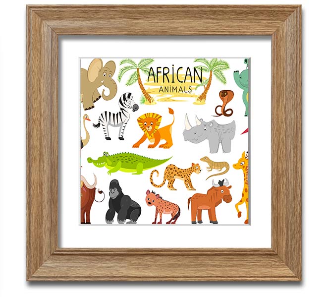 Colorful cartoon illustrations of African animals in a square framed print, showcasing vibrant designs suitable for children's decor.