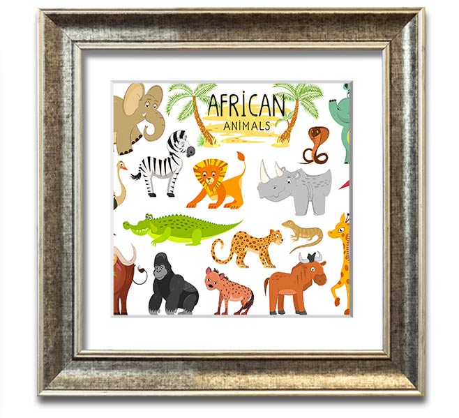 Colorful cartoon illustrations of African animals in a square framed print, showcasing vibrant designs suitable for children's decor.