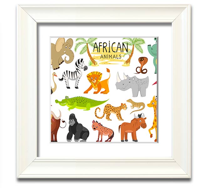 Colorful cartoon illustrations of African animals in a square framed print, showcasing vibrant designs suitable for children's decor.