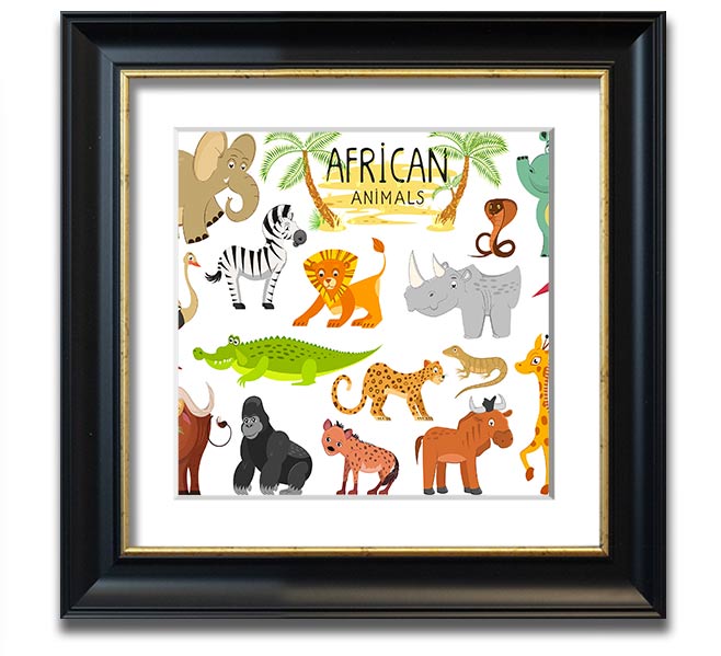 Colorful cartoon illustrations of African animals in a square framed print, showcasing vibrant designs suitable for children's decor.