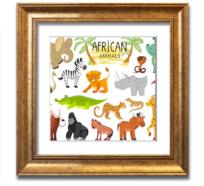 Colorful cartoon illustrations of African animals in a square framed print, showcasing vibrant designs suitable for children's decor.