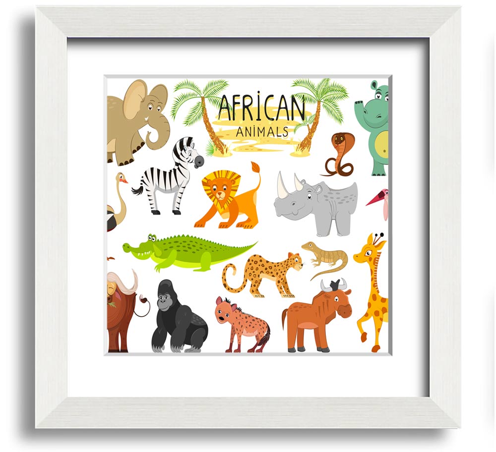 Colorful cartoon illustrations of African animals in a square framed print, showcasing vibrant designs suitable for children's decor.