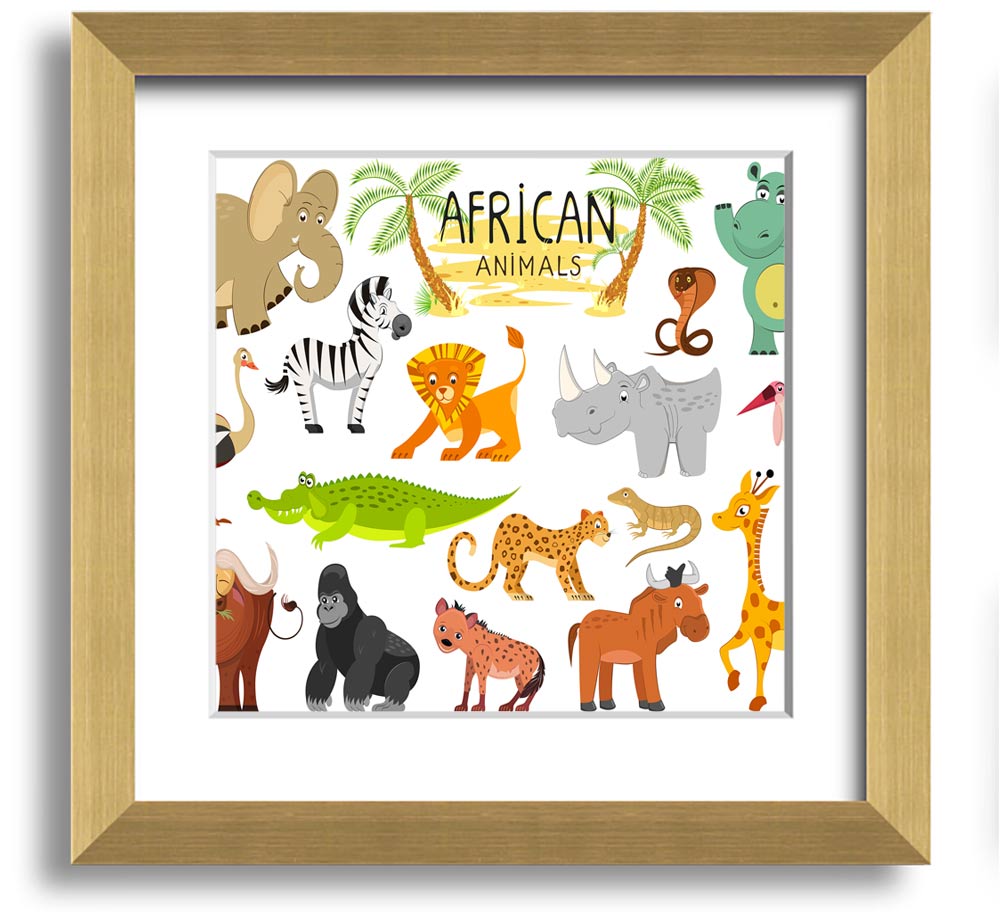 Colorful cartoon illustrations of African animals in a square framed print, showcasing vibrant designs suitable for children's decor.