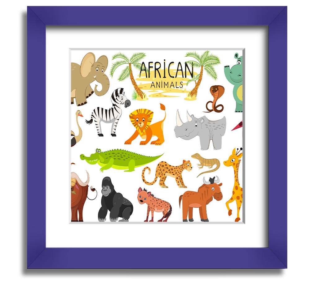 Colorful cartoon illustrations of African animals in a square framed print, showcasing vibrant designs suitable for children's decor.