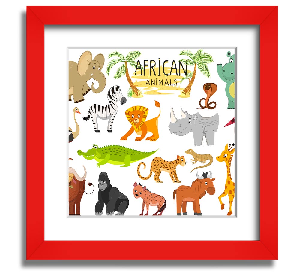 Colorful cartoon illustrations of African animals in a square framed print, showcasing vibrant designs suitable for children's decor.