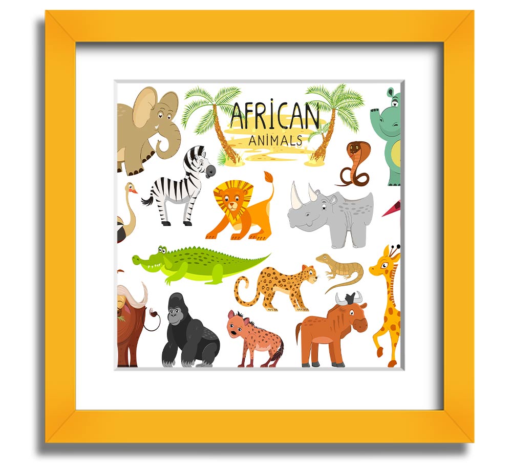 Colorful cartoon illustrations of African animals in a square framed print, showcasing vibrant designs suitable for children's decor.