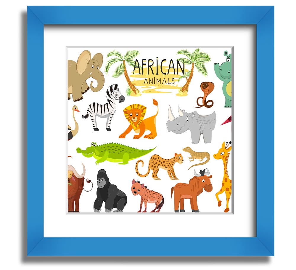 Colorful cartoon illustrations of African animals in a square framed print, showcasing vibrant designs suitable for children's decor.