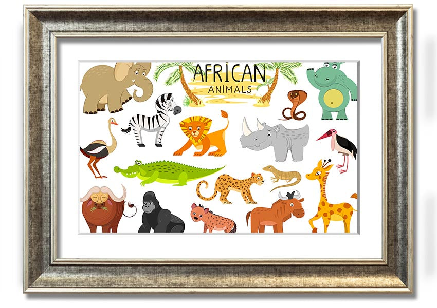 A colorful framed print featuring cartoon depictions of various African animals, ready to hang.