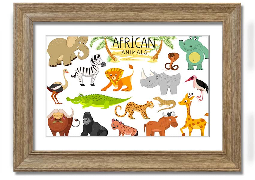 A colorful framed print featuring cartoon depictions of various African animals, ready to hang.