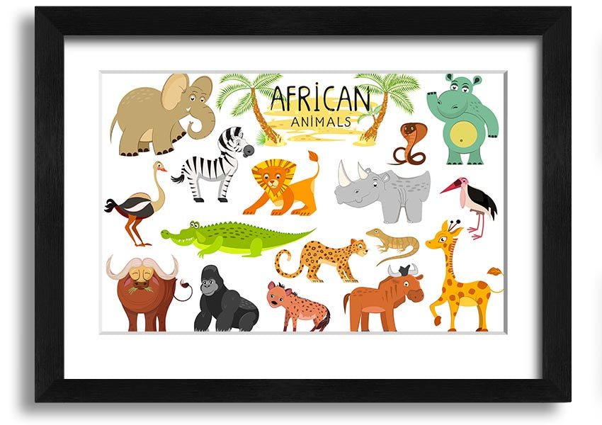 A colorful framed print featuring cartoon depictions of various African animals, ready to hang.