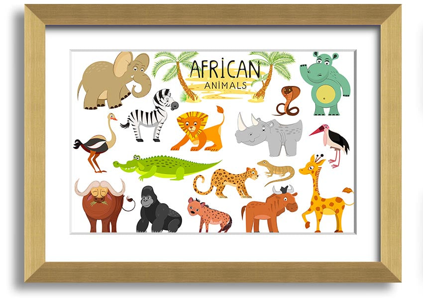 A colorful framed print featuring cartoon depictions of various African animals, ready to hang.