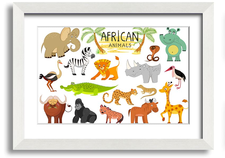 A colorful framed print featuring cartoon depictions of various African animals, ready to hang.