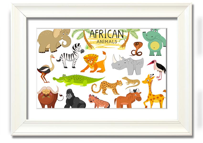 A colorful framed print featuring cartoon depictions of various African animals, ready to hang.