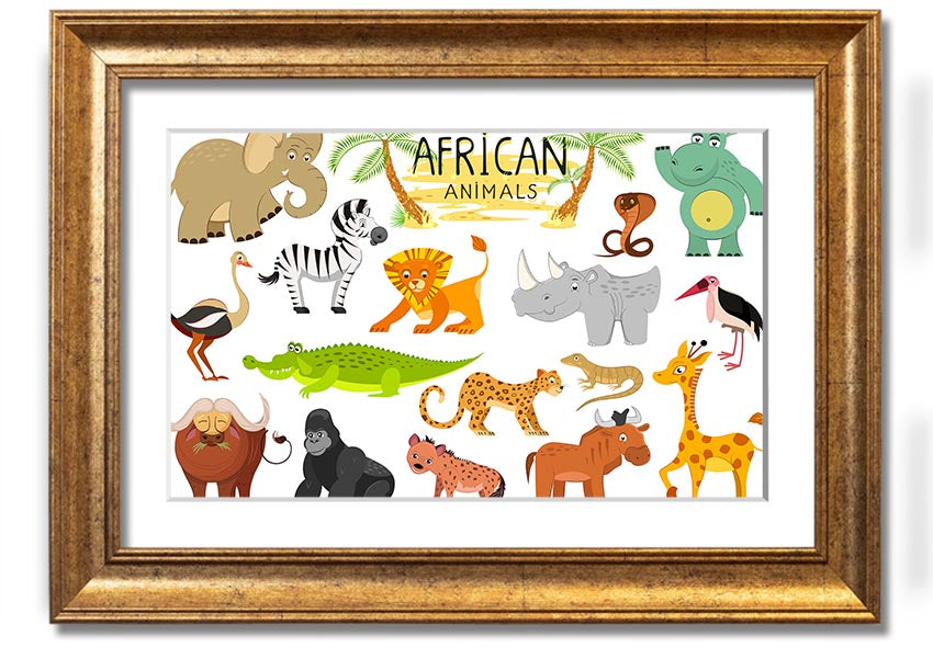 A colorful framed print featuring cartoon depictions of various African animals, ready to hang.