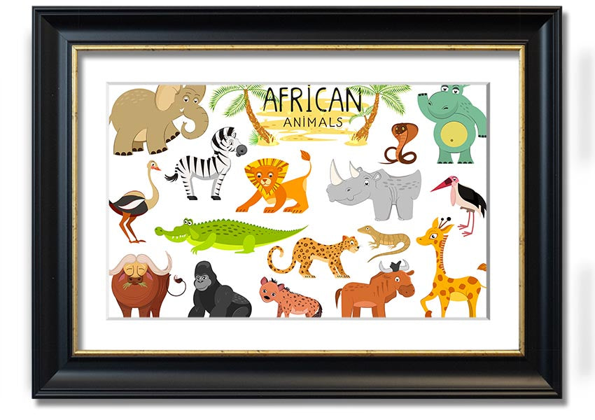 A colorful framed print featuring cartoon depictions of various African animals, ready to hang.