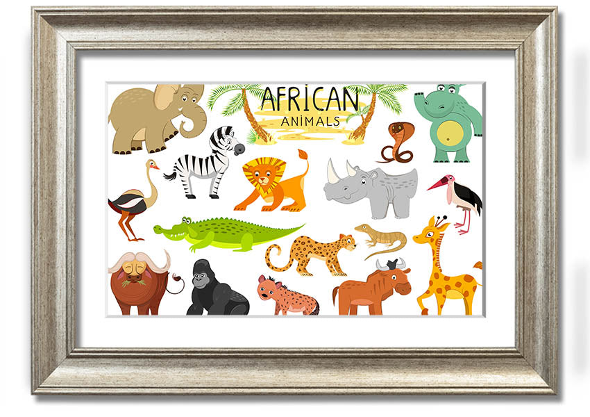 A colorful framed print featuring cartoon depictions of various African animals, ready to hang.