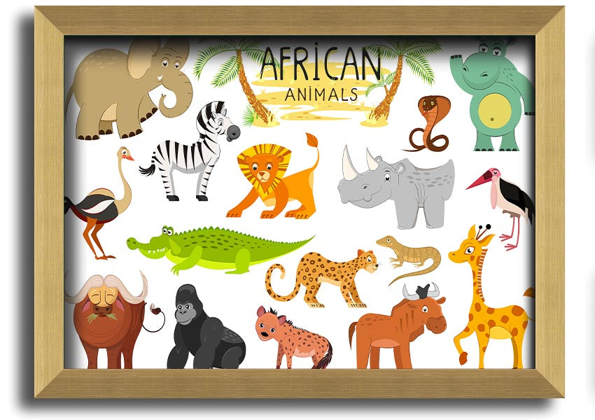 A colorful framed print featuring cartoon depictions of various African animals, ready to hang.