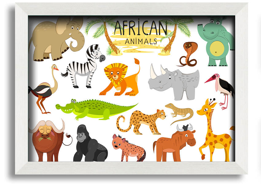 A colorful framed print featuring cartoon depictions of various African animals, ready to hang.