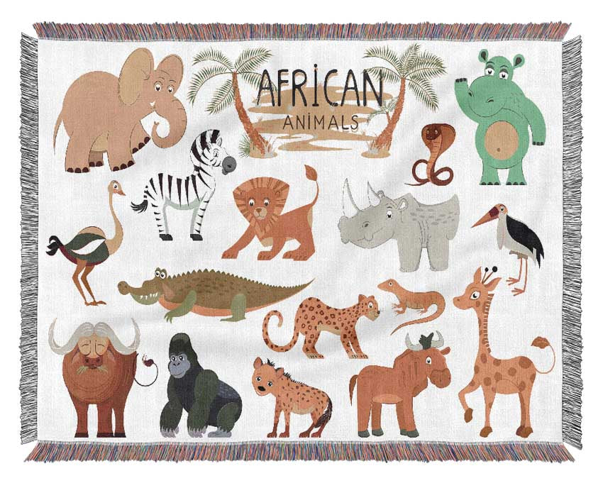 A colorful throw blanket featuring cartoon illustrations of various African animals, made from 100% cotton with a thermal weave.