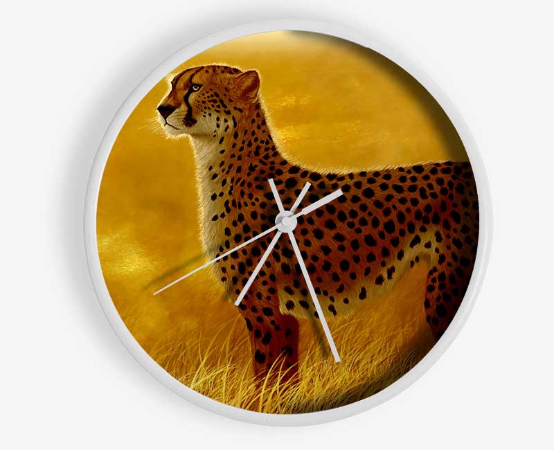 A stylish African Cheetah clock made from natural bamboo, featuring a round face and clear Plexiglas lens, available in multiple colors.