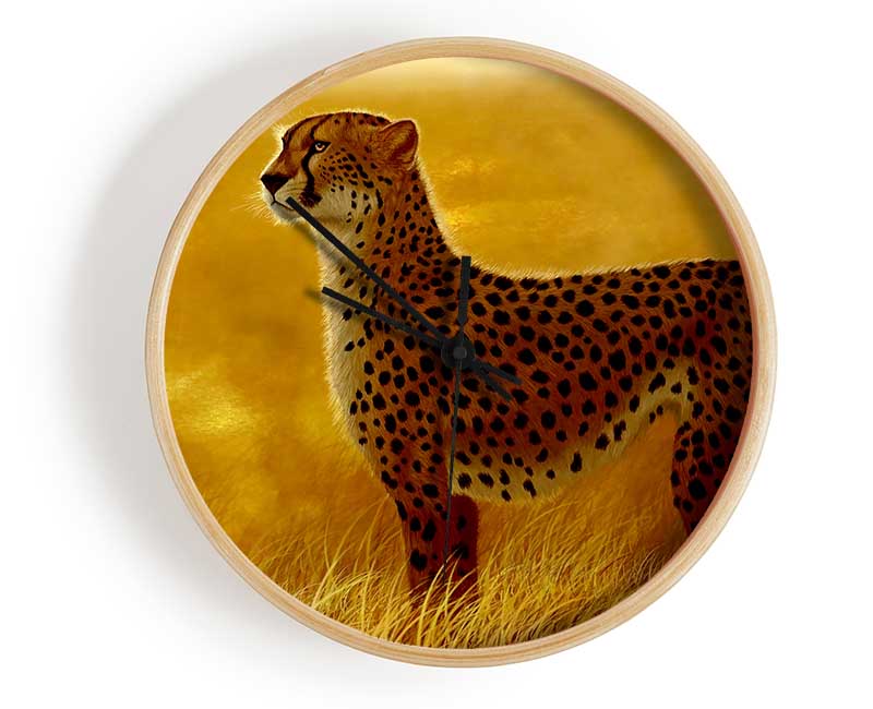 A stylish African Cheetah clock made from natural bamboo, featuring a round face and clear Plexiglas lens, available in multiple colors.