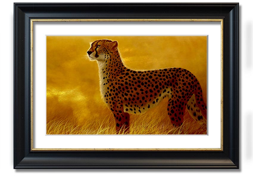 A beautifully framed print of an African Cheetah, showcasing its elegance and grace, available in various frame colors.