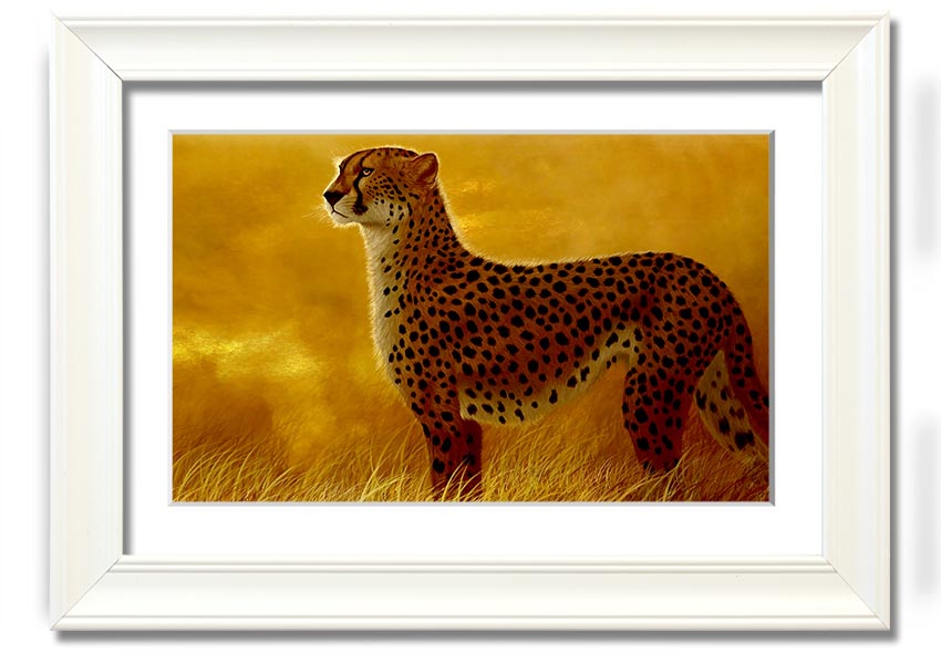 A beautifully framed print of an African Cheetah, showcasing its elegance and grace, available in various frame colors.